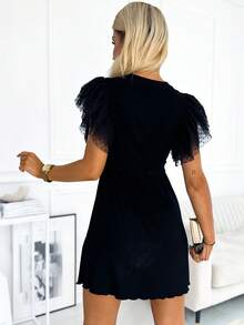 Acelitt Đầm đen trơn viền bèo nhún, kiểu dáng thường ngày, thanh lịch cho mùa hè. - màu đen - Xem 2