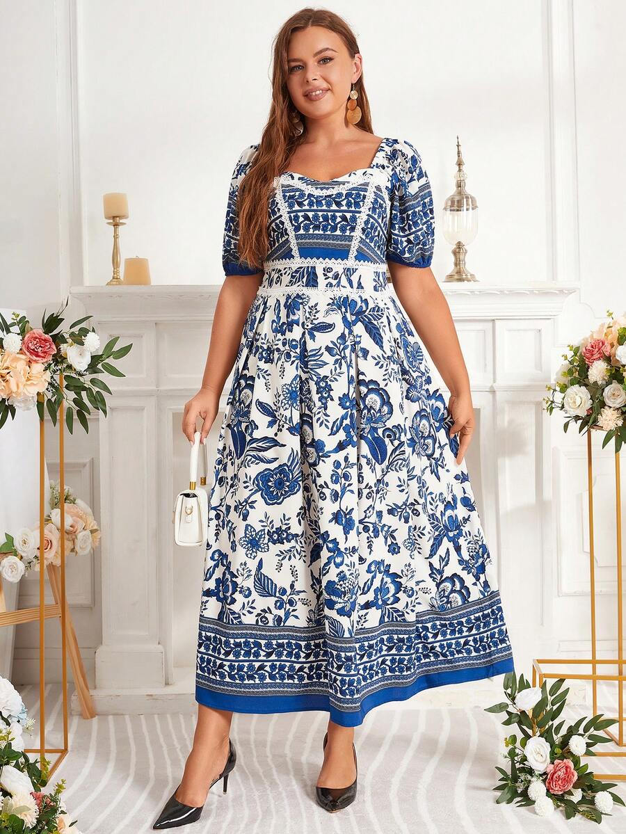 大碼印花雞心領口泡泡袖洋裝 - 白色 - 查看 1