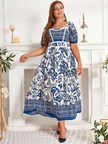 大碼印花雞心領口泡泡袖洋裝 - 白色 - 查看 3