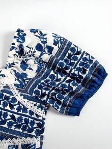 大碼印花雞心領口泡泡袖洋裝 - 白色 - 查看 4