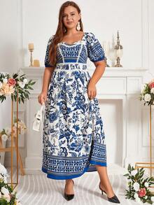 大碼印花雞心領口泡泡袖洋裝 - 白色 - 查看 7