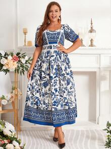 大碼印花雞心領口泡泡袖洋裝 - 白色 - 查看 8