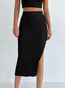 EURMUSE Solid Split Thigh Knit Skirt - Black - View 1