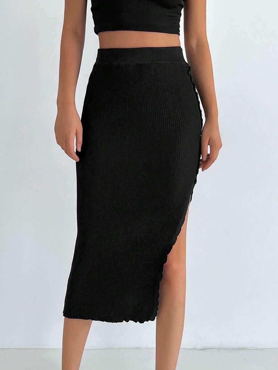EURMUSE Solid Split Thigh Knit Skirt - Black - View 1