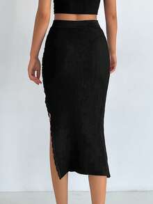 EURMUSE Solid Split Thigh Knit Skirt - Black - View 2