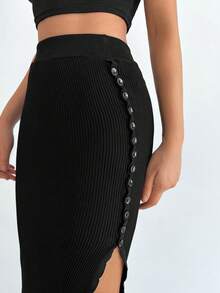 EURMUSE Solid Split Thigh Knit Skirt - Black - View 4
