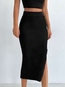 EURMUSE Solid Split Thigh Knit Skirt - Black - View 5