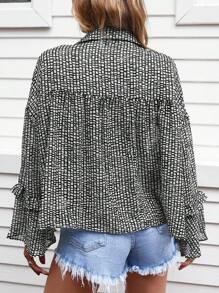 EURMUSE Geo Print Frill Trim Flare Sleeve Blouse - Black and White - View 2