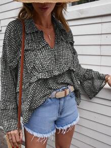 EURMUSE Geo Print Frill Trim Flare Sleeve Blouse - Black and White - View 5