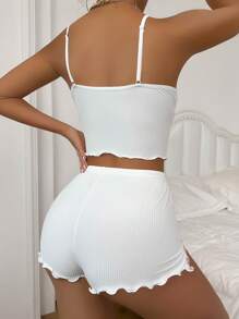 Lettuce Trim Cami Top & Shorts PJ Set / Pajama Set White Set - White - View 2