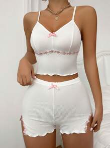 Lettuce Trim Cami Top & Shorts PJ Set / Pajama Set White Set - White - View 3