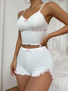 Lettuce Trim Cami Top & Shorts PJ Set / Pajama Set White Set - White - View 4