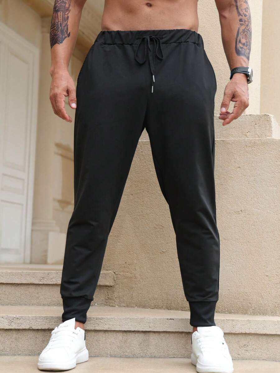 Manfinity Homme Men Plus Solid Drawstring Waist Sweatpants - Black - View 1