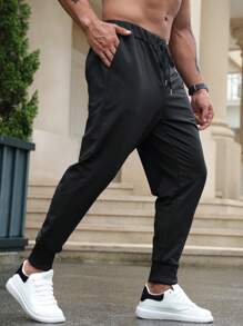 Manfinity Homme Men Plus Solid Drawstring Waist Sweatpants - Black - View 3