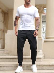 Manfinity Homme Men Plus Solid Drawstring Waist Sweatpants - Black - View 4
