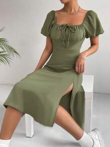 SHEIN EZwear 一字肩前打結高衩洋裝 - 薄荷綠 - 查看 3