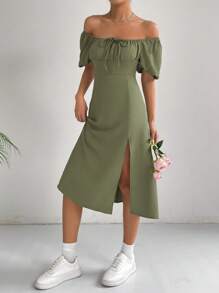 SHEIN EZwear 一字肩前打結高衩洋裝 - 薄荷綠 - 查看 4