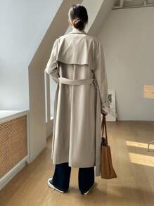 DAZY Solid Color Casual Business Long Trench Coat - Khaki - View 2