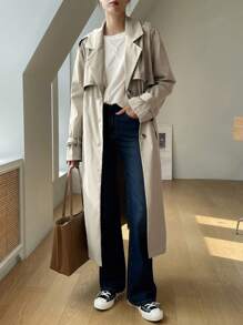 DAZY Solid Color Casual Business Long Trench Coat - Khaki - View 3
