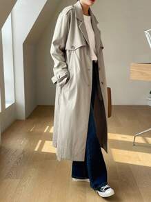 DAZY Solid Color Casual Business Long Trench Coat - Khaki - View 4
