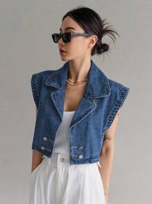 DAZY 西裝領雙排釦牛仔背心襯衫 - 中等水洗藍 - 查看 1