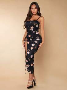 SHEIN SXY فستان معلق بأربطة أزهار صيفي مطبوع مع شق في الفخذ، جذاب