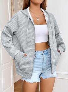 INAWLY 拉鏈開襟插肩袖抽繩連帽衫 - 淺灰色 - 查看 3