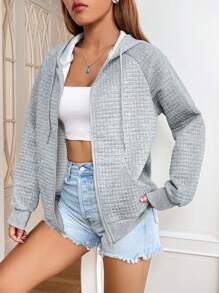 INAWLY 拉鏈開襟插肩袖抽繩連帽衫 - 淺灰色 - 查看 6