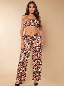 SHEIN SXY Floral Print Tube Top & Wide Leg Pants