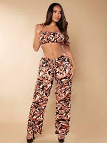 SHEIN SXY Floral Print Tube Top & Wide Leg Pants