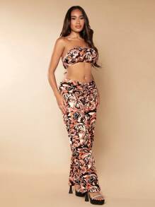 SHEIN SXY Floral Print Tube Top & Wide Leg Pants