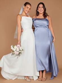 SHEIN Belle 1入組蝴蝶結露背吊帶婚紗洋裝不附面紗 - 白色 - 查看 2