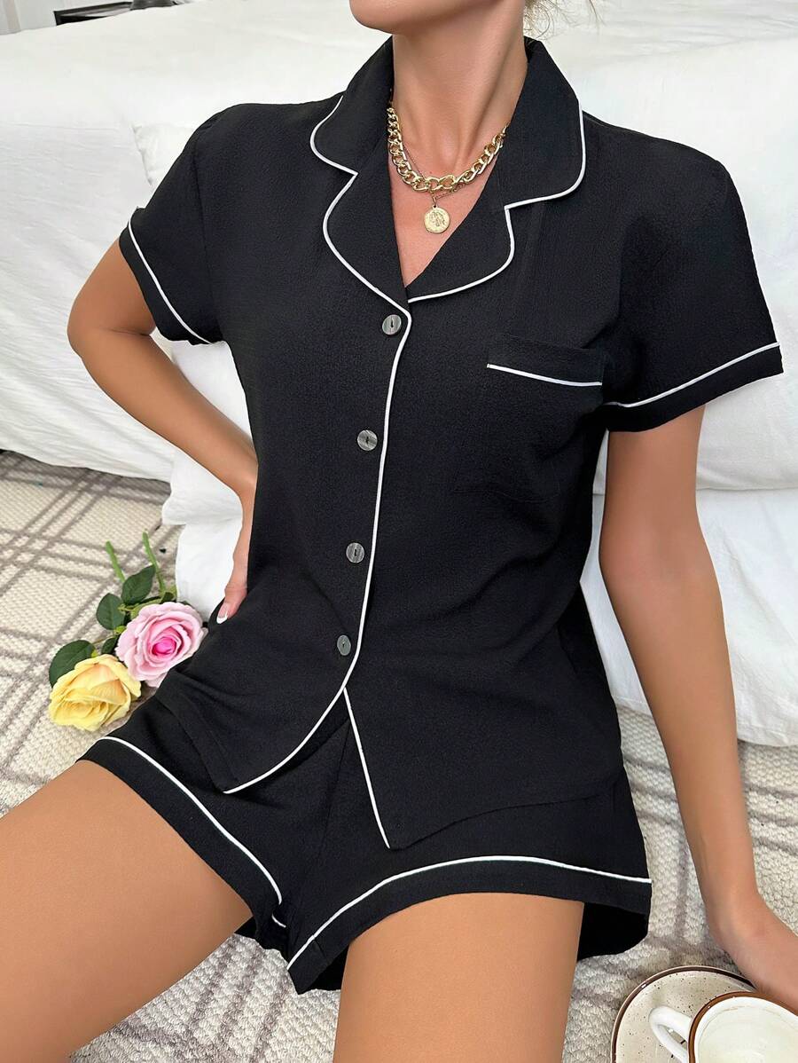 Contrast Piping PJ Set / Pajama Set - Black - View 1