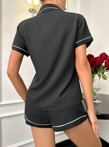 Contrast Piping PJ Set / Pajama Set - Black - View 2