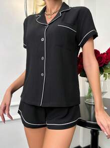 Contrast Piping PJ Set / Pajama Set - Black - View 3
