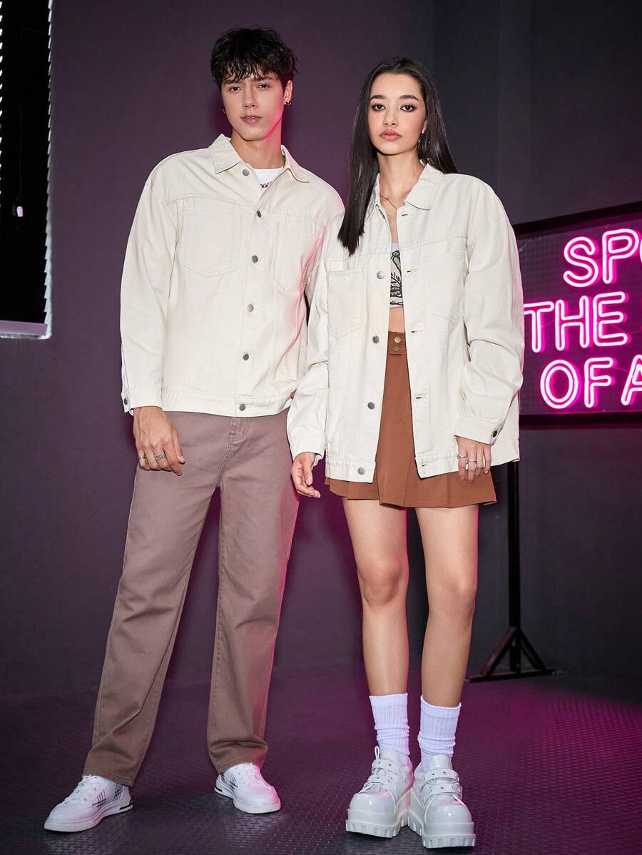 SWAVVY 1 Miếng Lỏng lẻo phù hợp Thả vai Áo khoác denim - Màu be - Xem 1