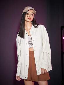 SWAVVY 1 Miếng Lỏng lẻo phù hợp Thả vai Áo khoác denim - Màu be - Xem 3