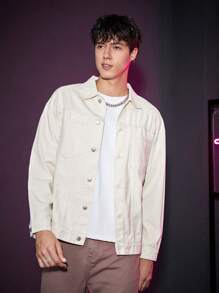 SWAVVY 1 Miếng Lỏng lẻo phù hợp Thả vai Áo khoác denim - Màu be - Xem 4