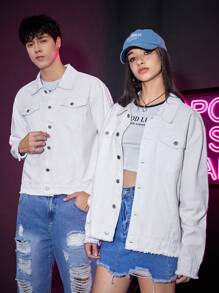 SWAVVY 1件帶蓋口口袋超寬鬆牛仔外套 - 白色 - 查看 1