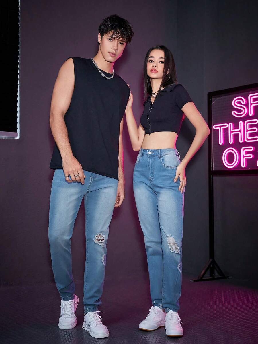 SWAVVY 1 Miếng Rách Frayed Rửa thuốc tẩy Quần jean - Rửa trung bình - Xem 1