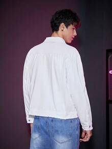 SWAVVY 1件帶蓋口口袋超寬鬆牛仔外套 - 白色 - 查看 2