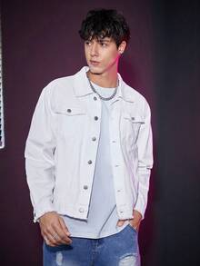 SWAVVY 1件帶蓋口口袋超寬鬆牛仔外套 - 白色 - 查看 3