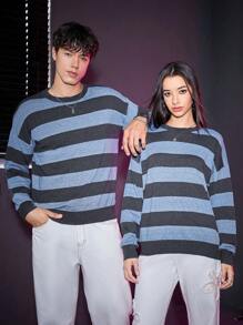 Manfinity Unisex 1入組條紋圖案落肩袖套頭毛衣 - 彩色 - 查看 1