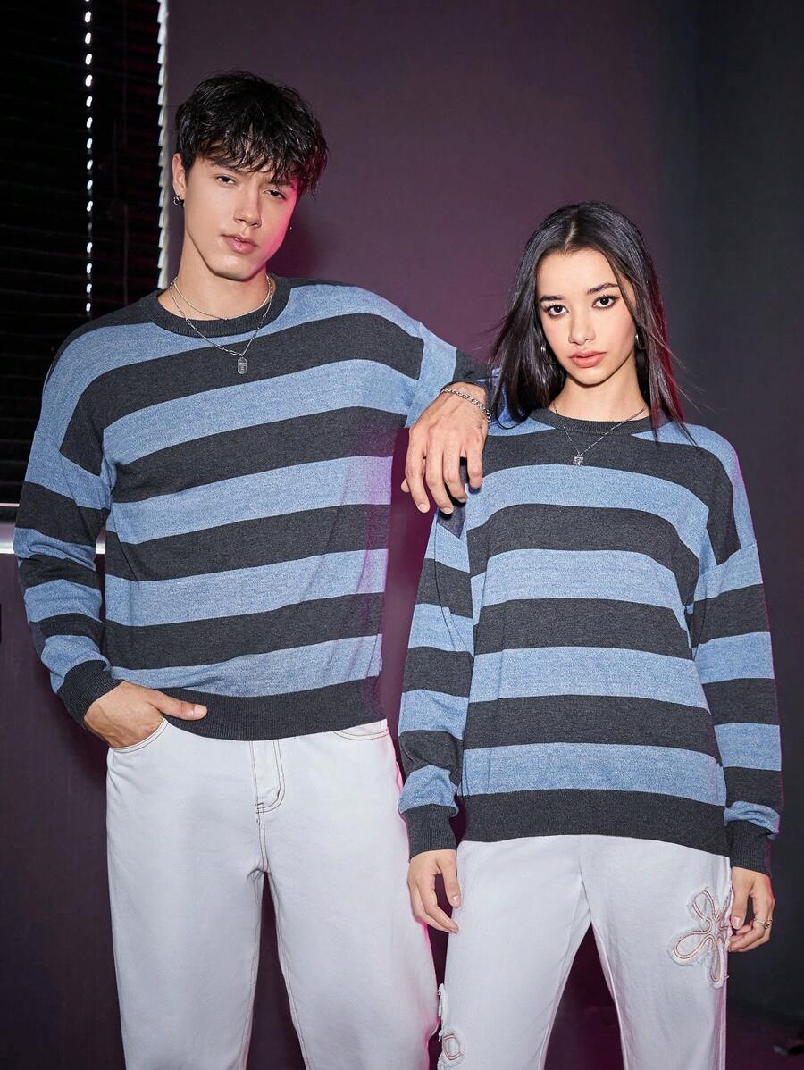 Manfinity Unisex 1入組條紋圖案落肩袖套頭毛衣 - 彩色 - 查看 1