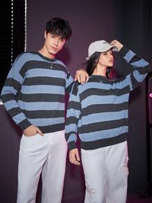 Manfinity Unisex 1入組條紋圖案落肩袖套頭毛衣 - 彩色 - 查看 3