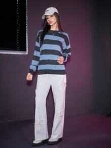 Manfinity Unisex 1入組條紋圖案落肩袖套頭毛衣 - 彩色 - 查看 4