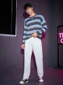 Manfinity Unisex 1入組條紋圖案落肩袖套頭毛衣 - 彩色 - 查看 5