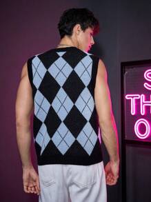 SWAVVY 1入組菱形印花毛衣背心 - 彩色 - 查看 2