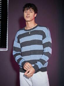 Manfinity Unisex 1入組條紋圖案落肩袖套頭毛衣 - 彩色 - 查看 6