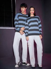 Manfinity Unisex 1入組條紋圖案落肩袖套頭毛衣 - 彩色 - 查看 7